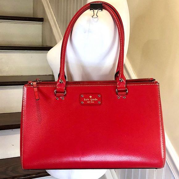 KATE SPADE Large Red Leather Tote Briefcase Shoulder Bag with Three Sections - Picture 1 of 14